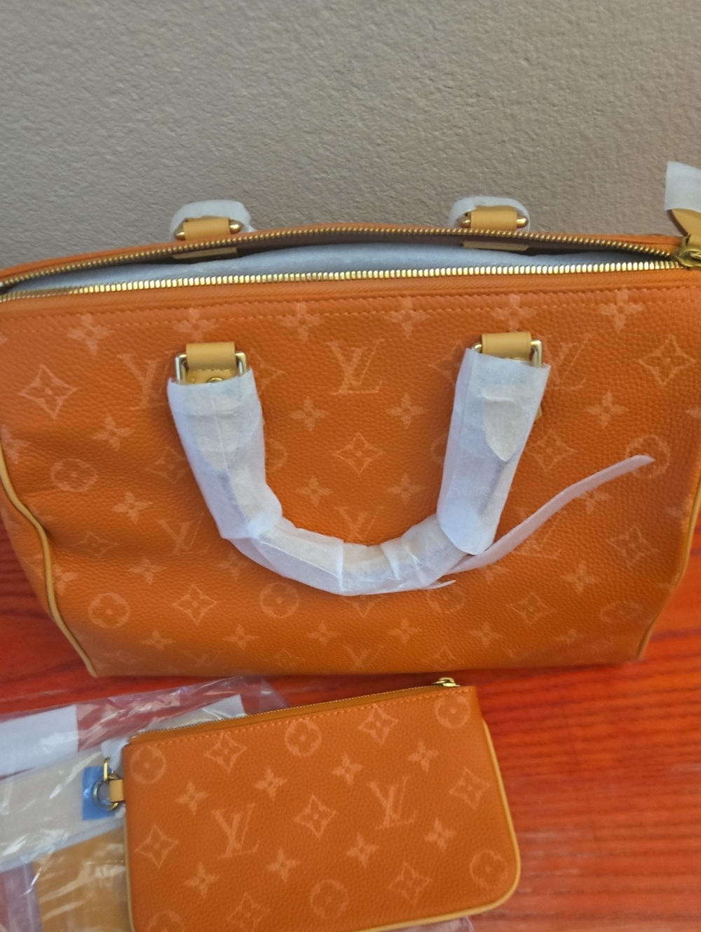 Louis Vuitton Orange Monogram Satchel with Matching Pouch
